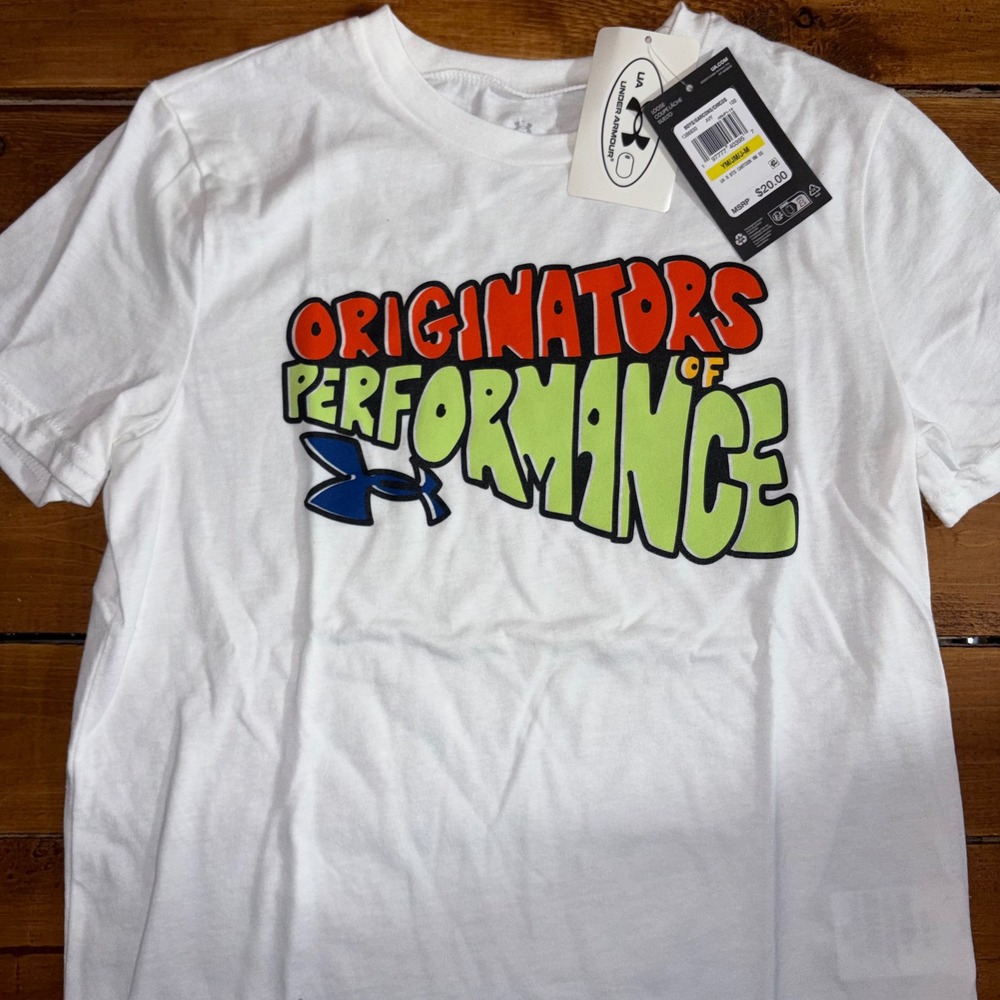 Under Armour T-Shirt Youth Boys Medium White Originators of Performance 1386830